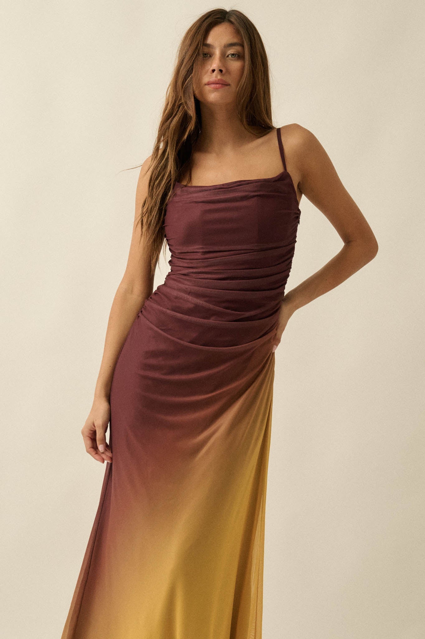 Shades of You Ombre Mesh Ruched Maxi Dress