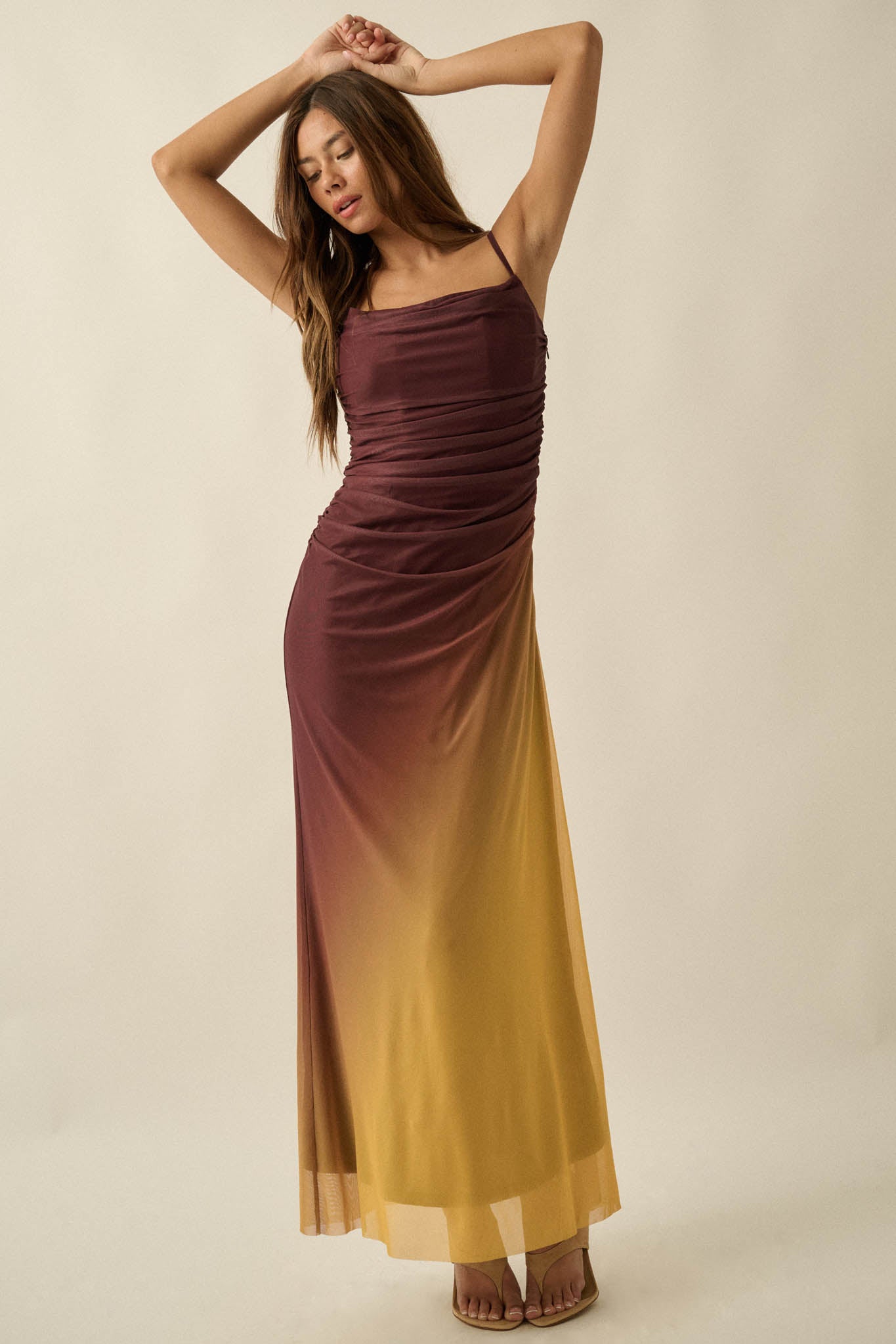 Shades of You Ombre Mesh Ruched Maxi Dress
