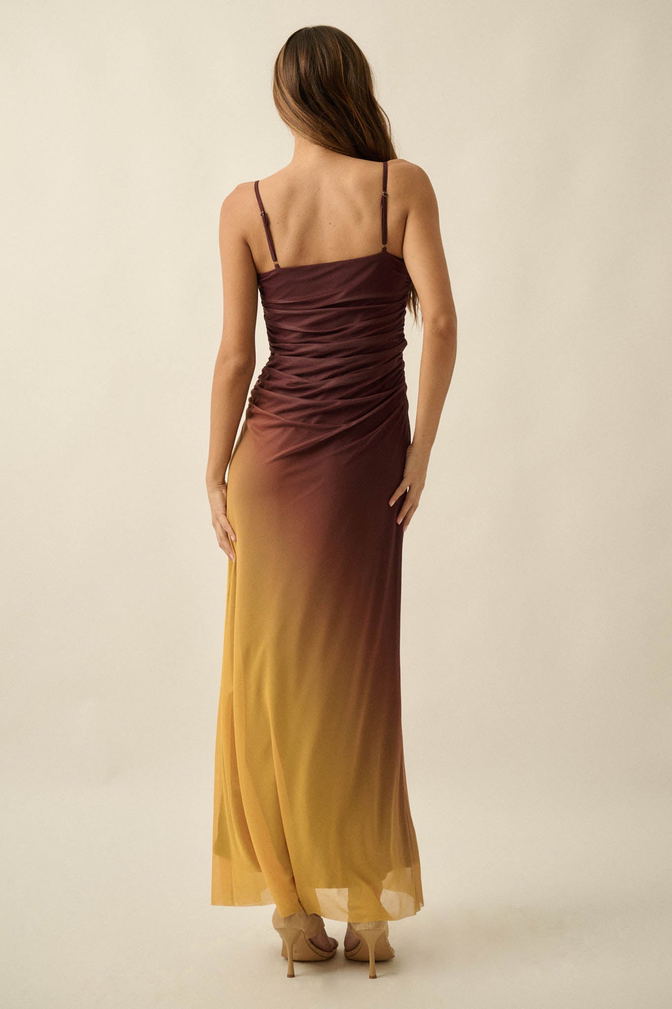 Shades of You Ombre Mesh Ruched Maxi Dress