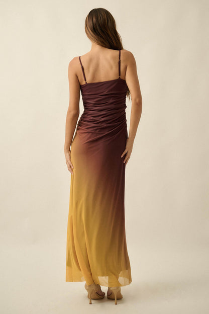 Shades of You Ombre Mesh Ruched Maxi Dress