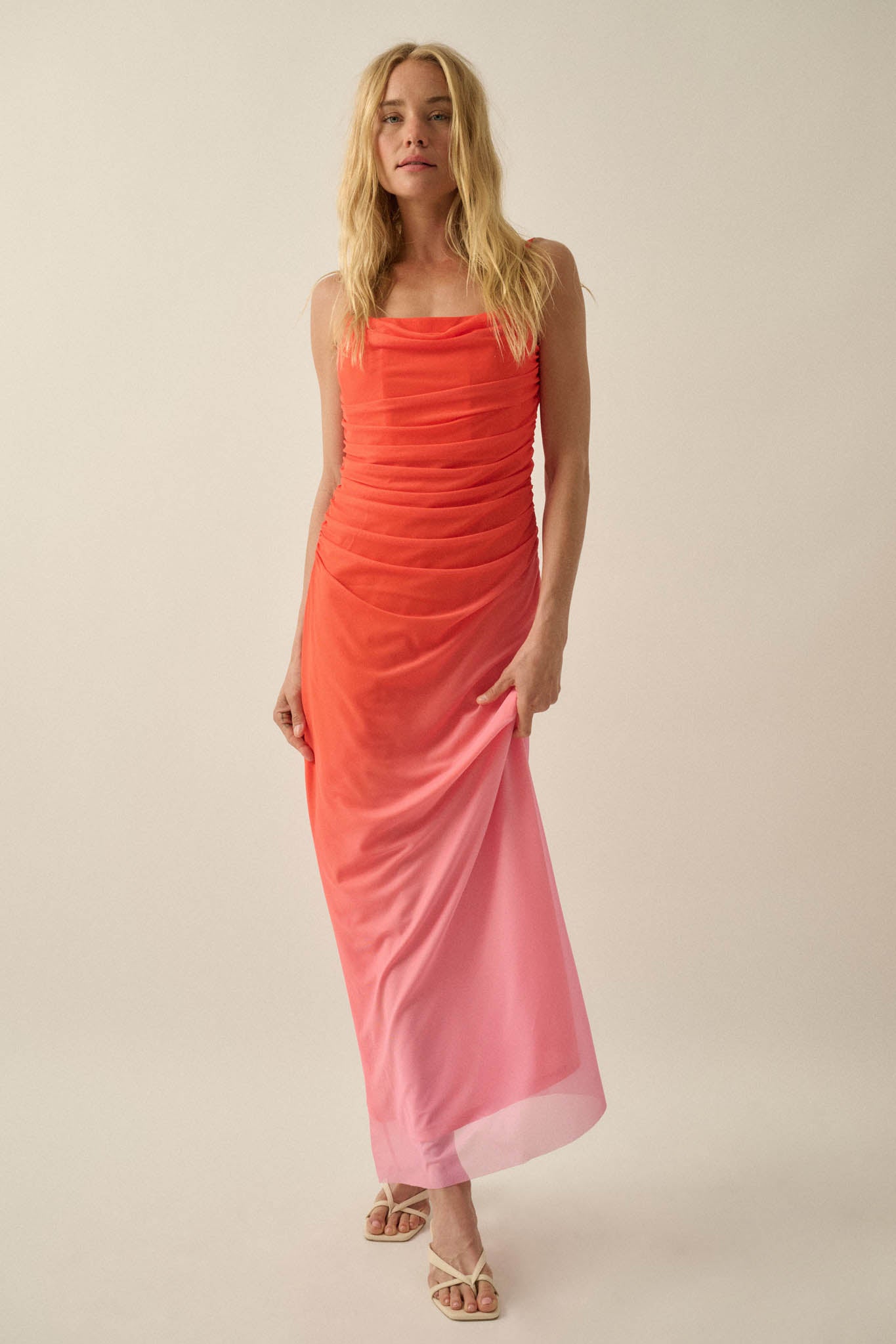 Shades of You Ombre Mesh Ruched Maxi Dress