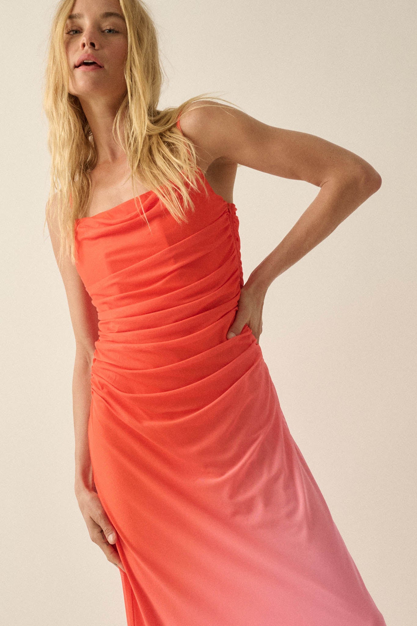 Shades of You Ombre Mesh Ruched Maxi Dress