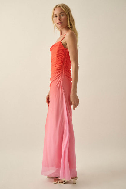 Shades of You Ombre Mesh Ruched Maxi Dress