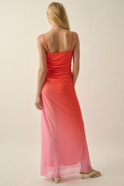 Shades of You Ombre Mesh Ruched Maxi Dress