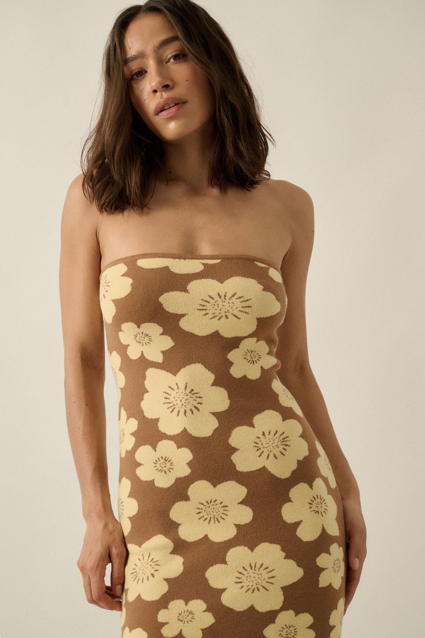 Buzzy Blooms Floral Strapless Maxi Sweater Dress