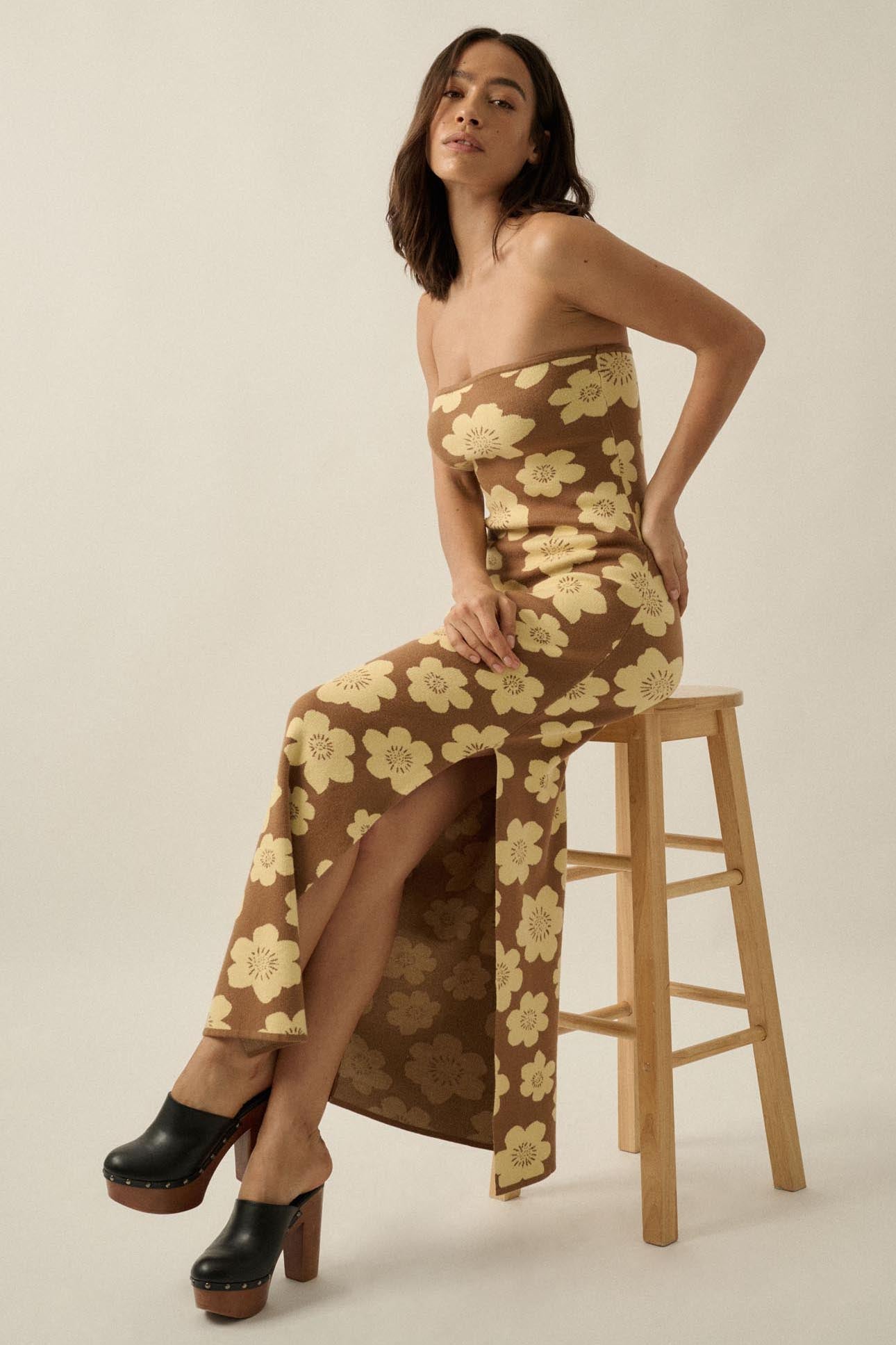 Buzzy Blooms Floral Strapless Maxi Sweater Dress