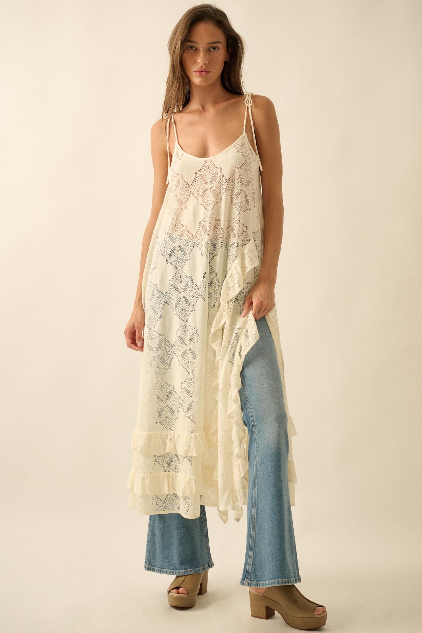 Flying High Sheer Lace Ruffled Layering Midi Dress