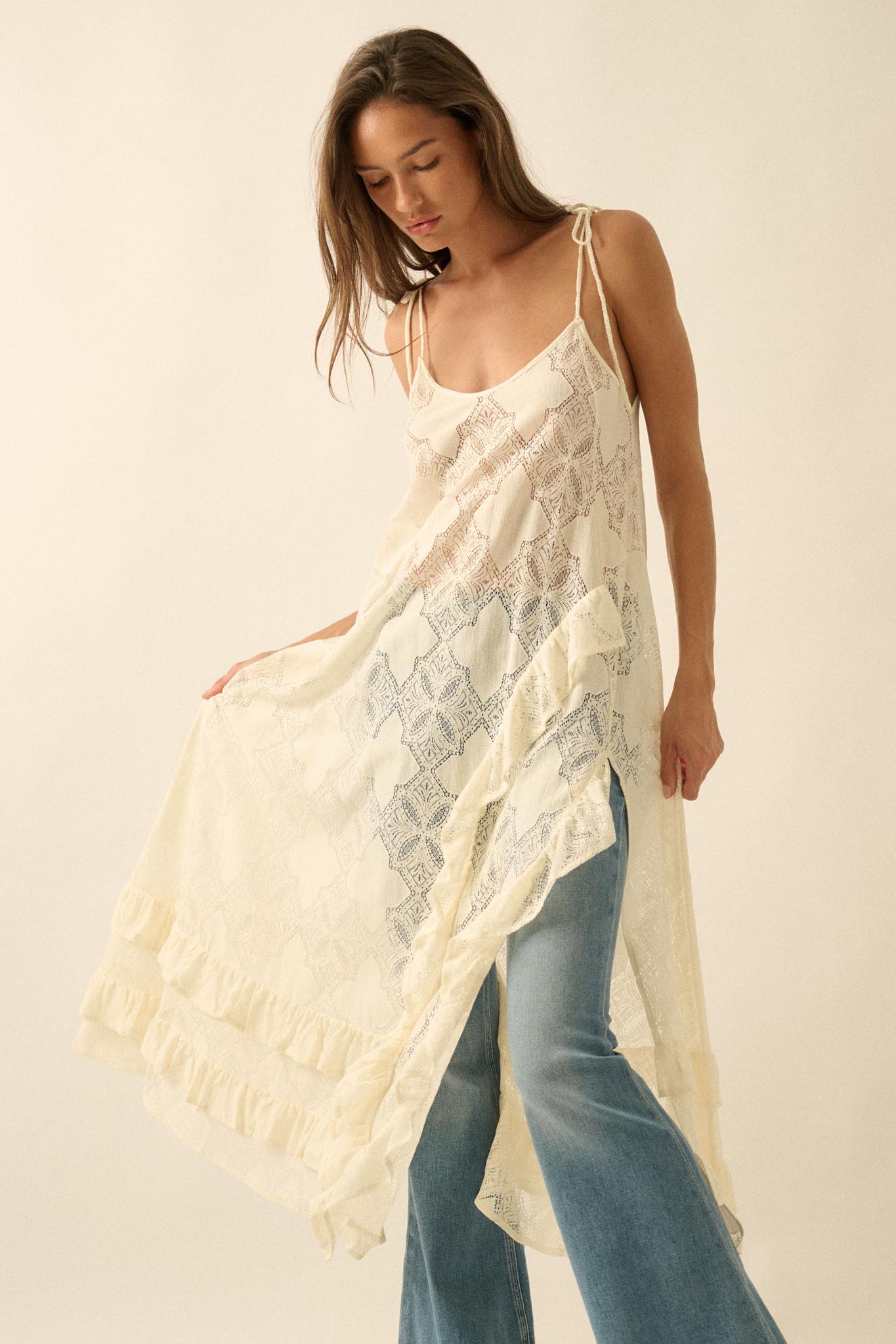 Flying High Sheer Lace Ruffled Layering Midi Dress