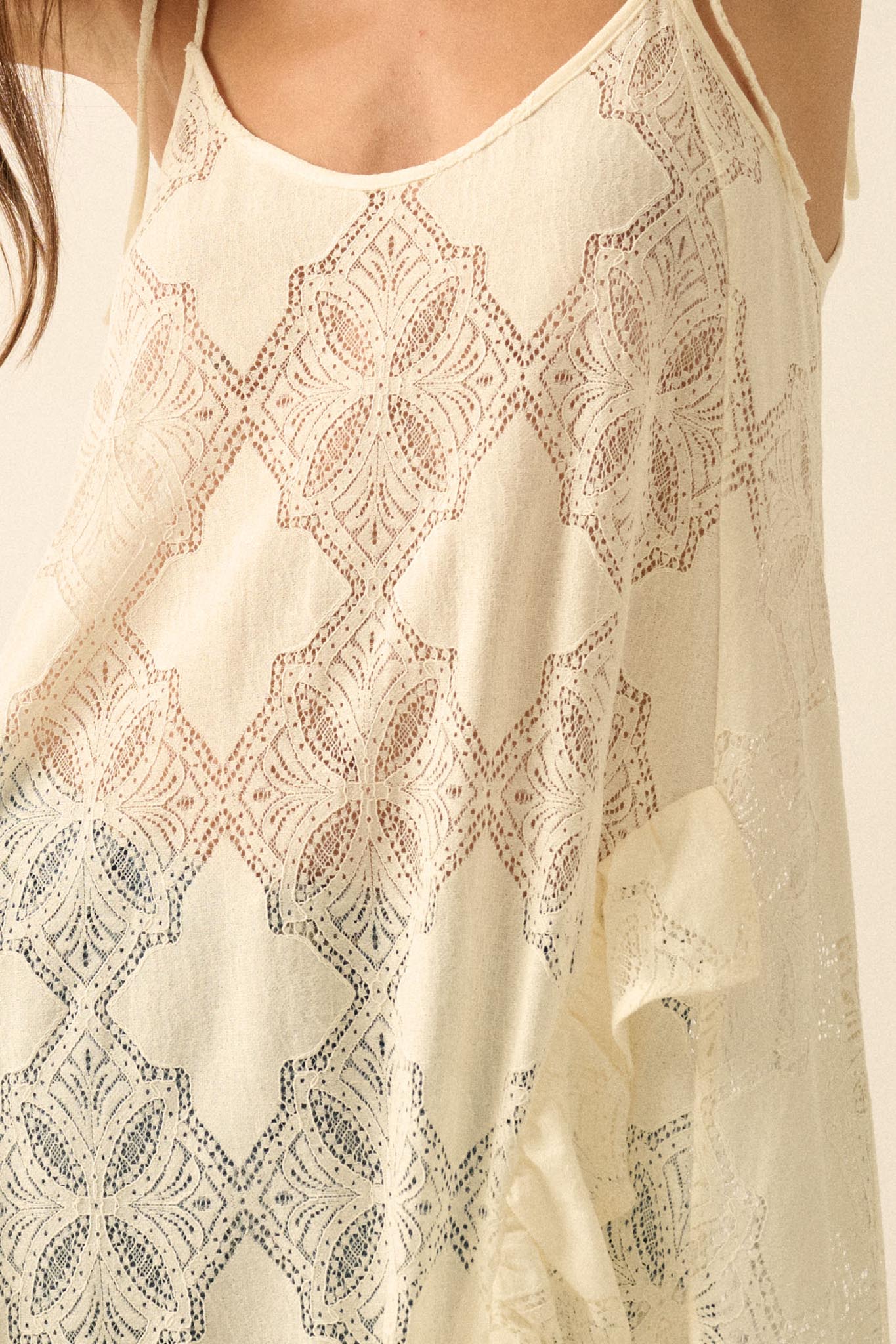 Flying High Sheer Lace Ruffled Layering Midi Dress