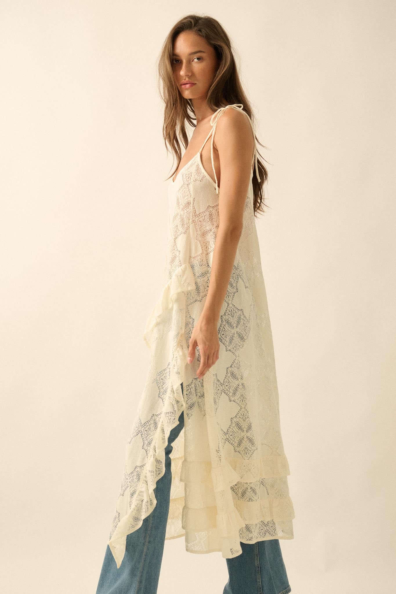Flying High Sheer Lace Ruffled Layering Midi Dress