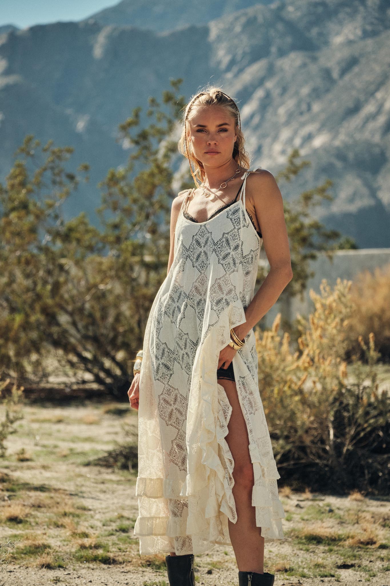 Flying High Sheer Lace Ruffled Layering Midi Dress