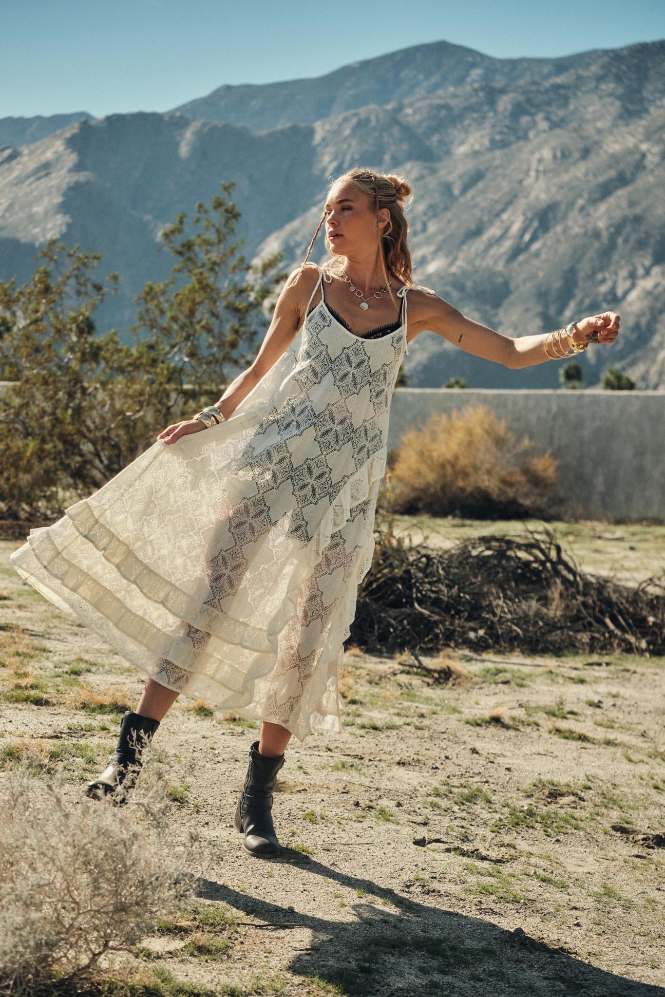 Flying High Sheer Lace Ruffled Layering Midi Dress