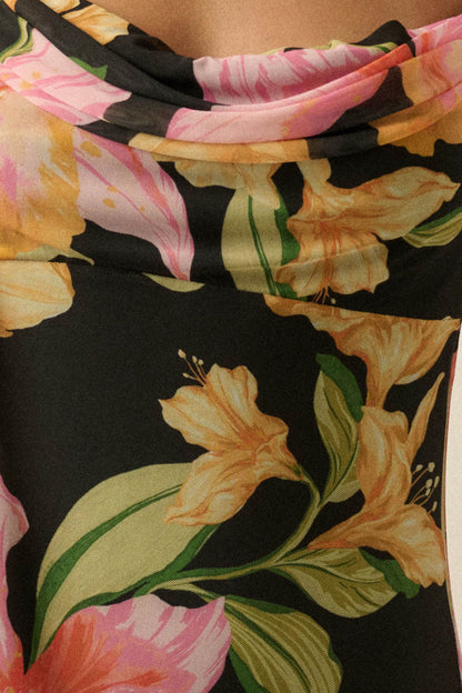 Lavish Petals Floral Mesh Ruffle Maxi Dress and Scarf