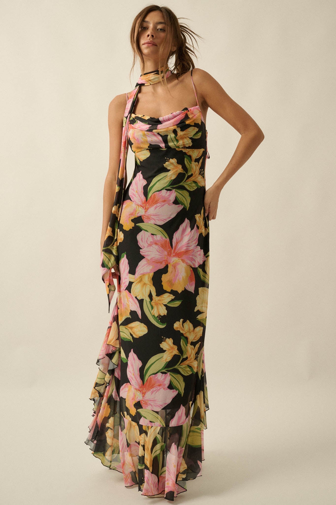 Lavish Petals Floral Mesh Ruffle Maxi Dress and Scarf
