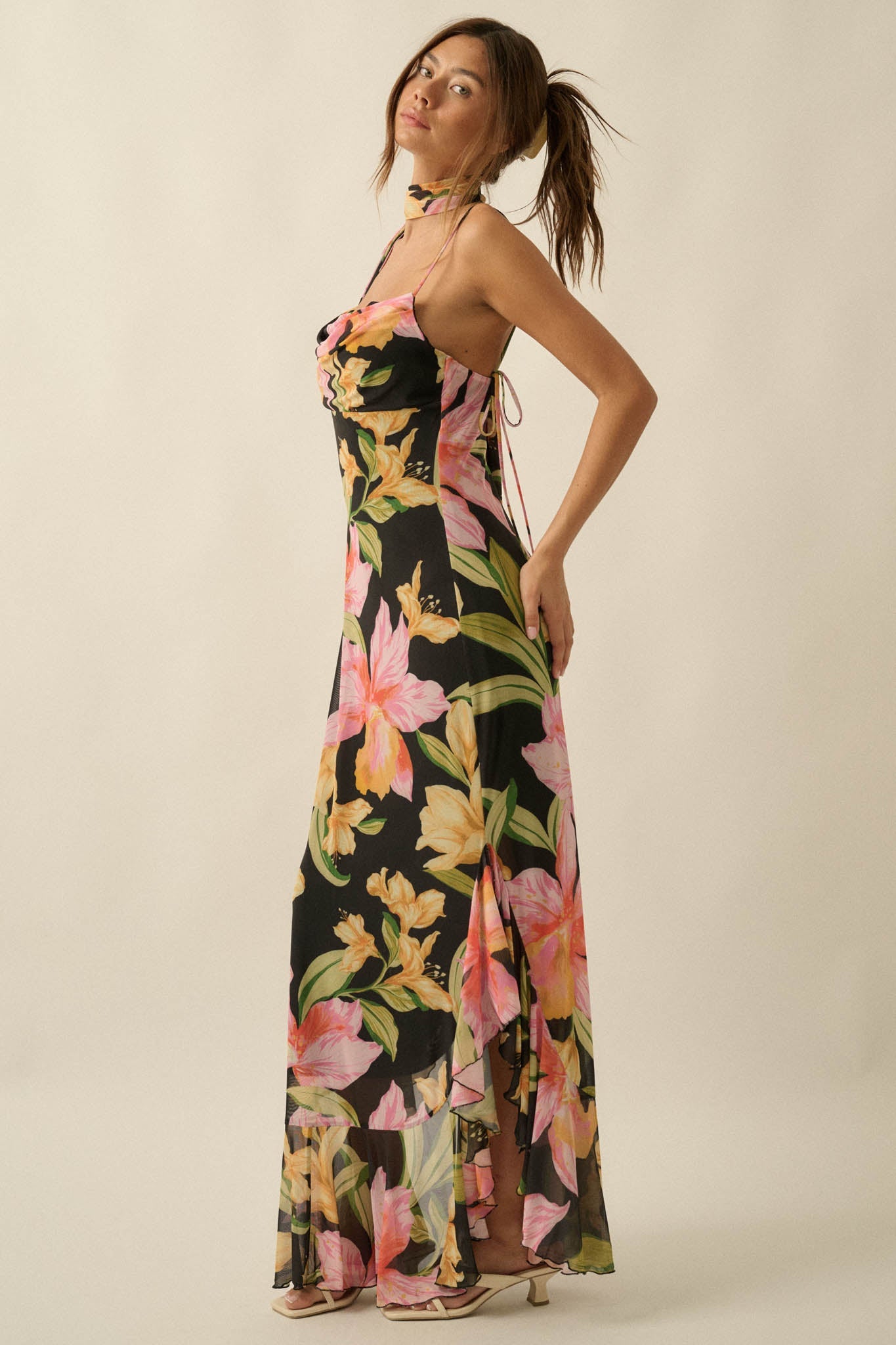 Lavish Petals Floral Mesh Ruffle Maxi Dress and Scarf