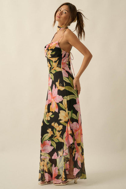 Lavish Petals Floral Mesh Ruffle Maxi Dress and Scarf