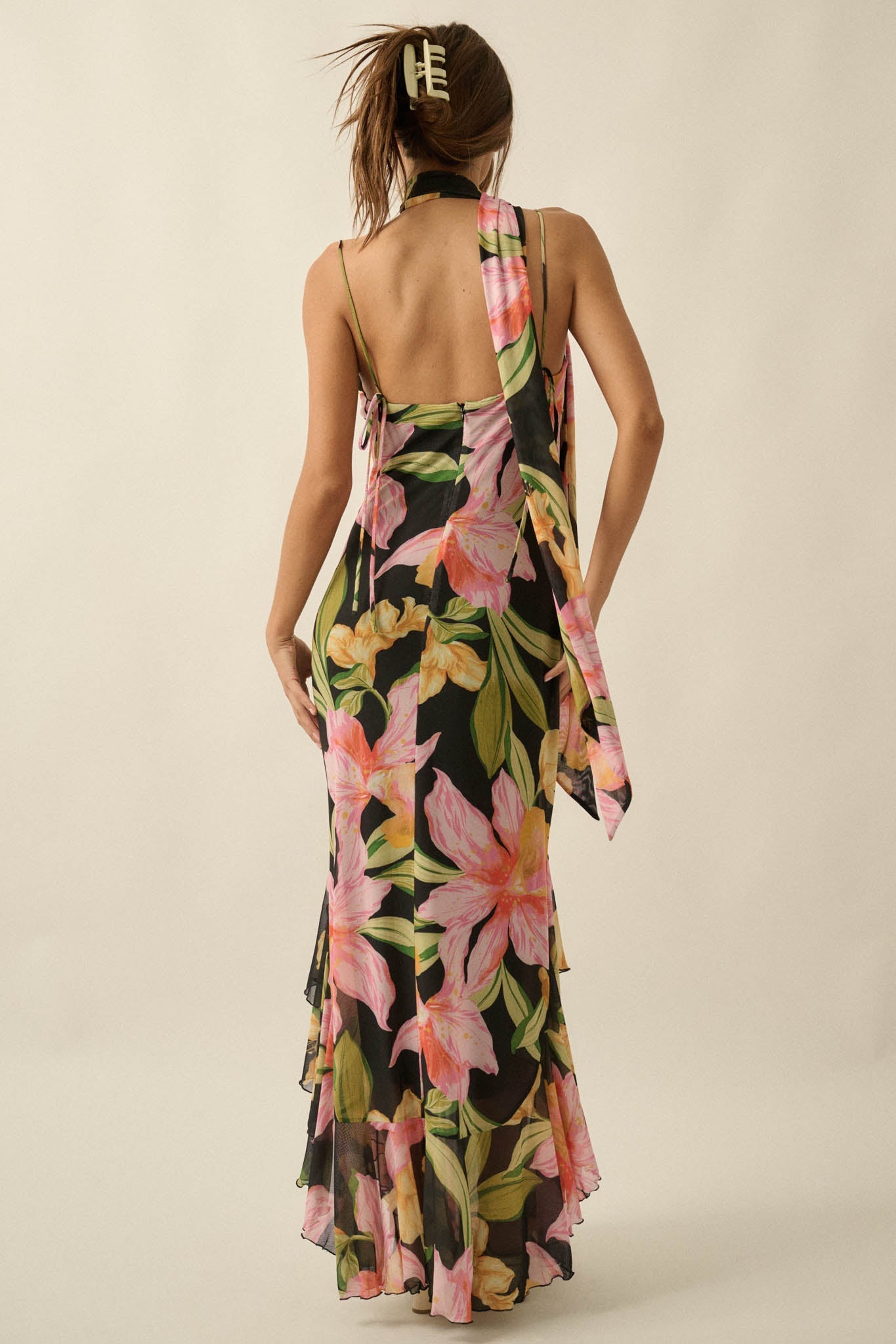 Lavish Petals Floral Mesh Ruffle Maxi Dress and Scarf