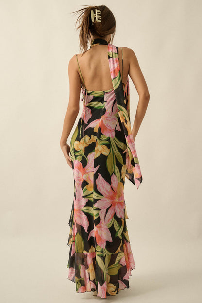 Lavish Petals Floral Mesh Ruffle Maxi Dress and Scarf