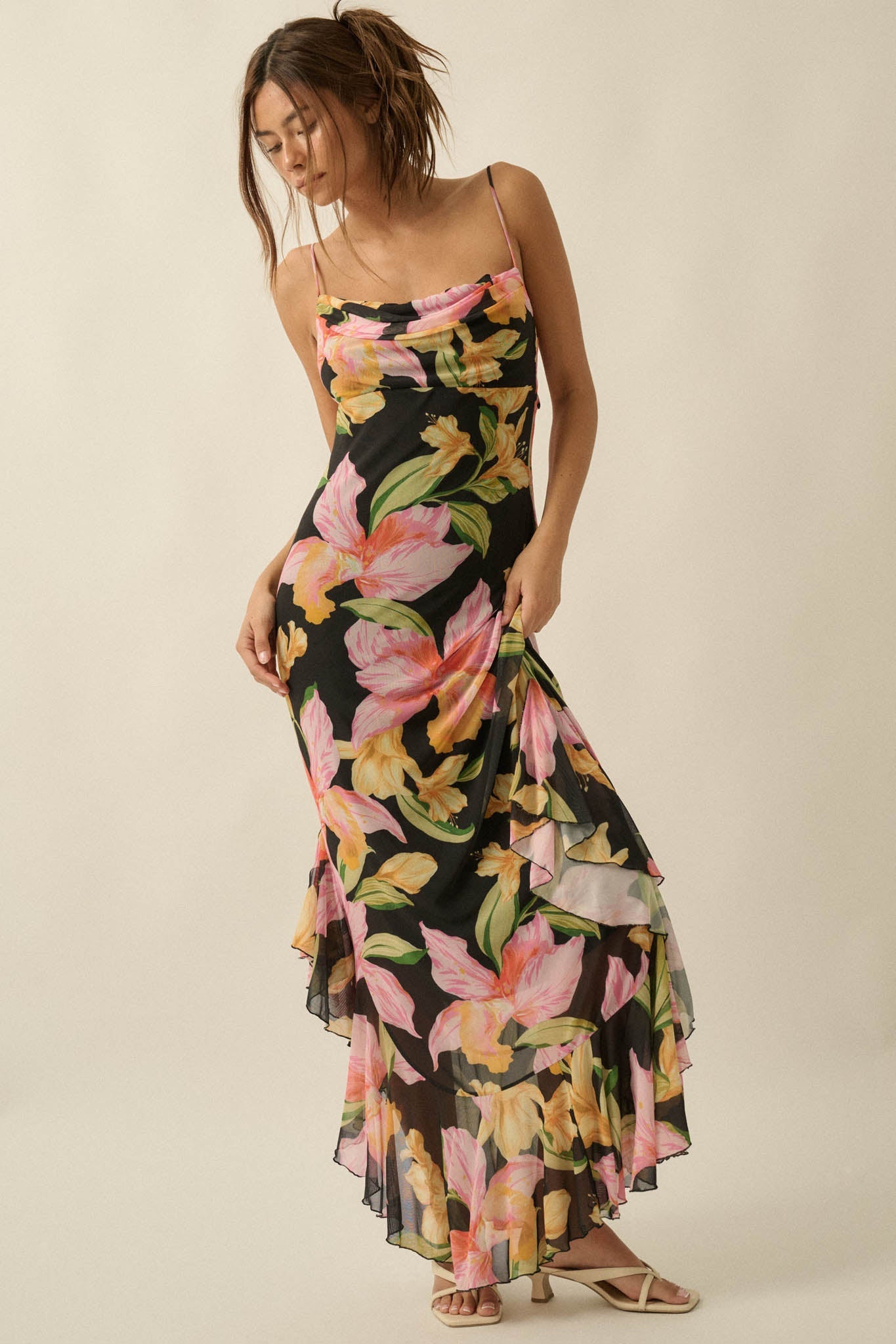 Lavish Petals Floral Mesh Ruffle Maxi Dress and Scarf