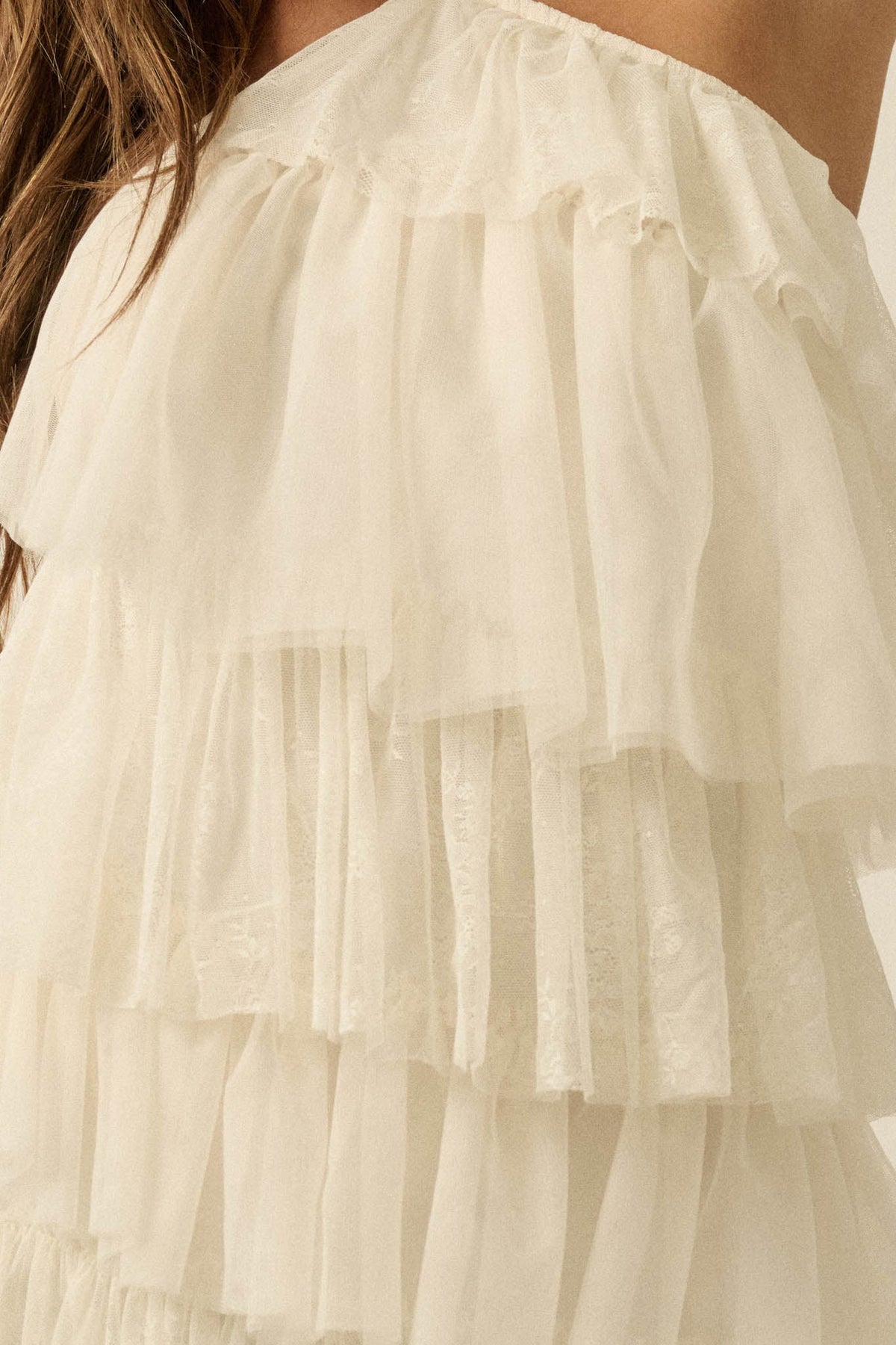 Frilly Flirt Ruffled Lace and Tulle Halter Mini Dress