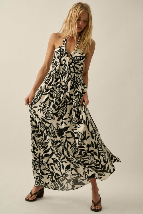 Jungle Heat Tropical-Print Halter Maxi Dress