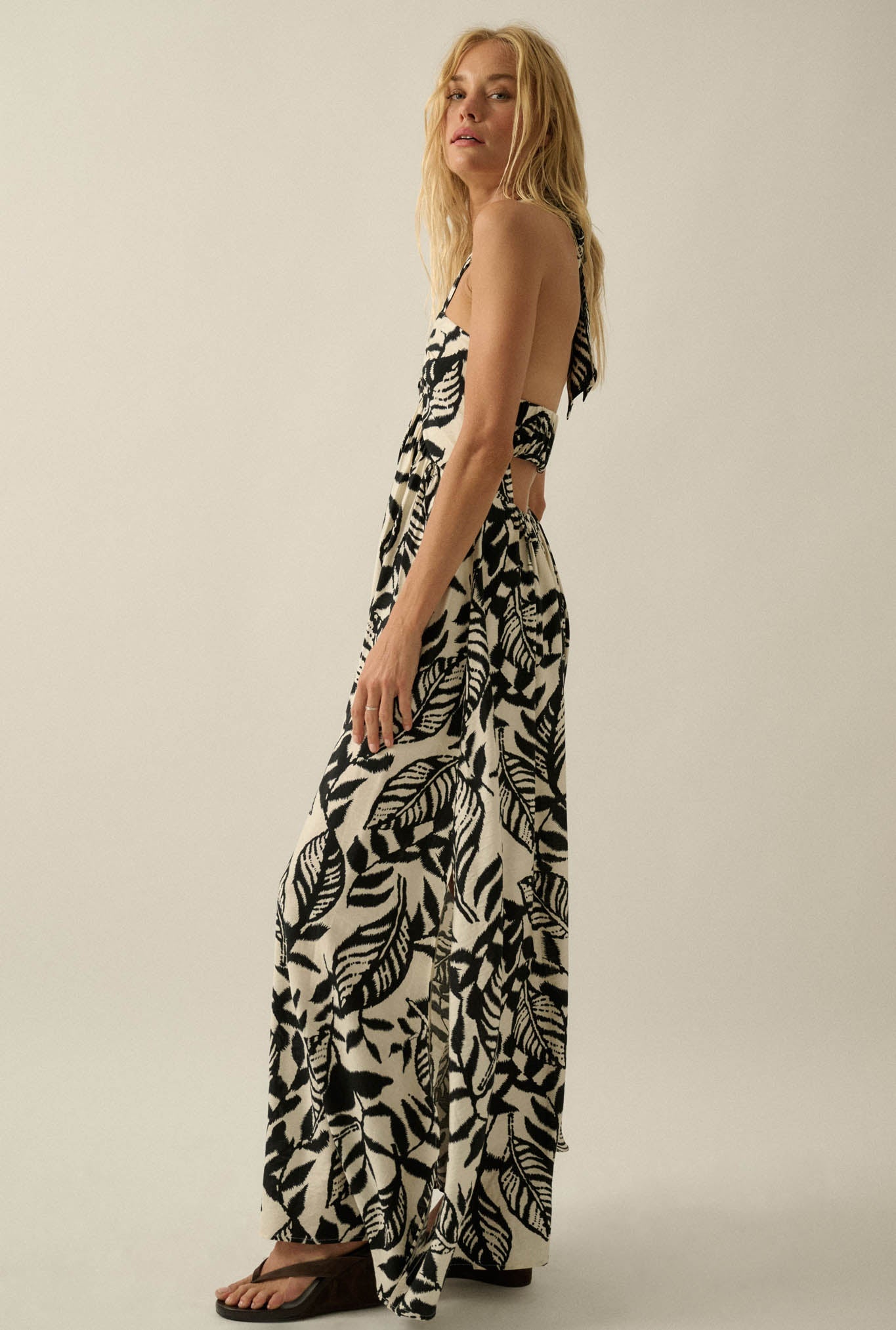 Jungle Heat Tropical-Print Halter Maxi Dress