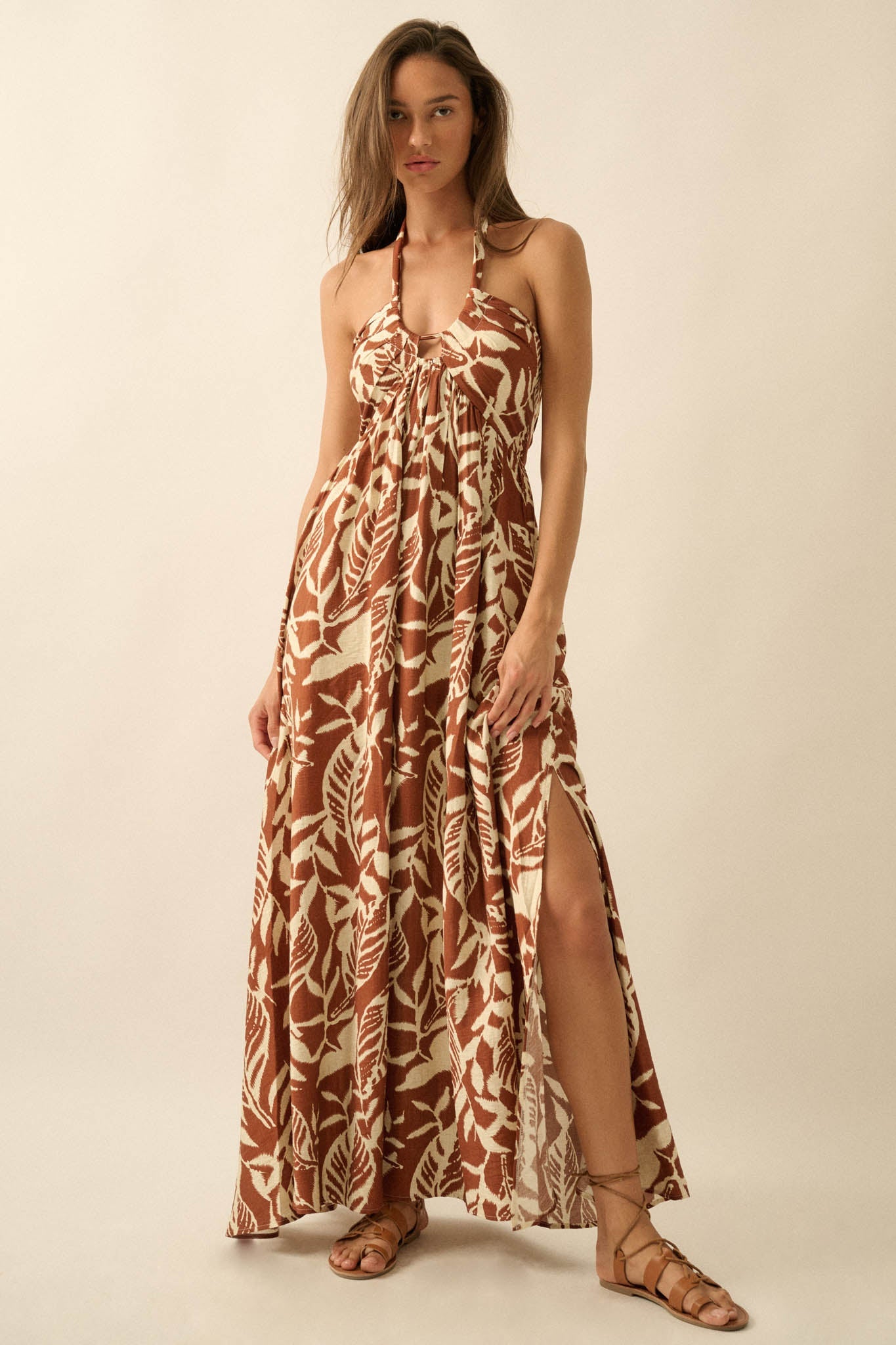 Jungle Heat Tropical-Print Halter Maxi Dress