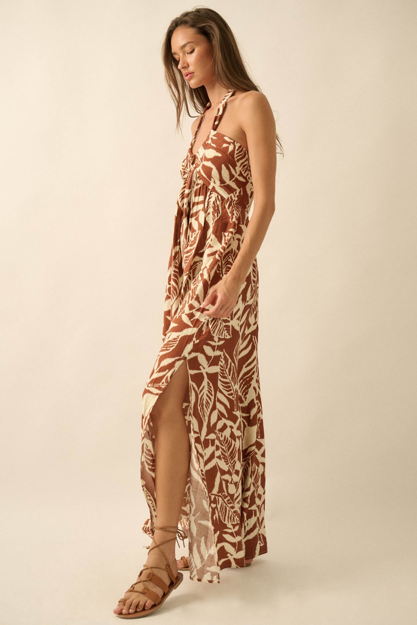 Jungle Heat Tropical-Print Halter Maxi Dress