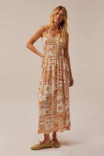 Island Song Tropical-Print Smocked Midi Dress