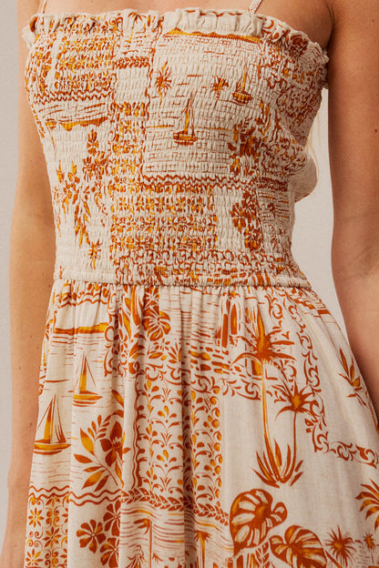 Island Song Tropical-Print Smocked Midi Dress