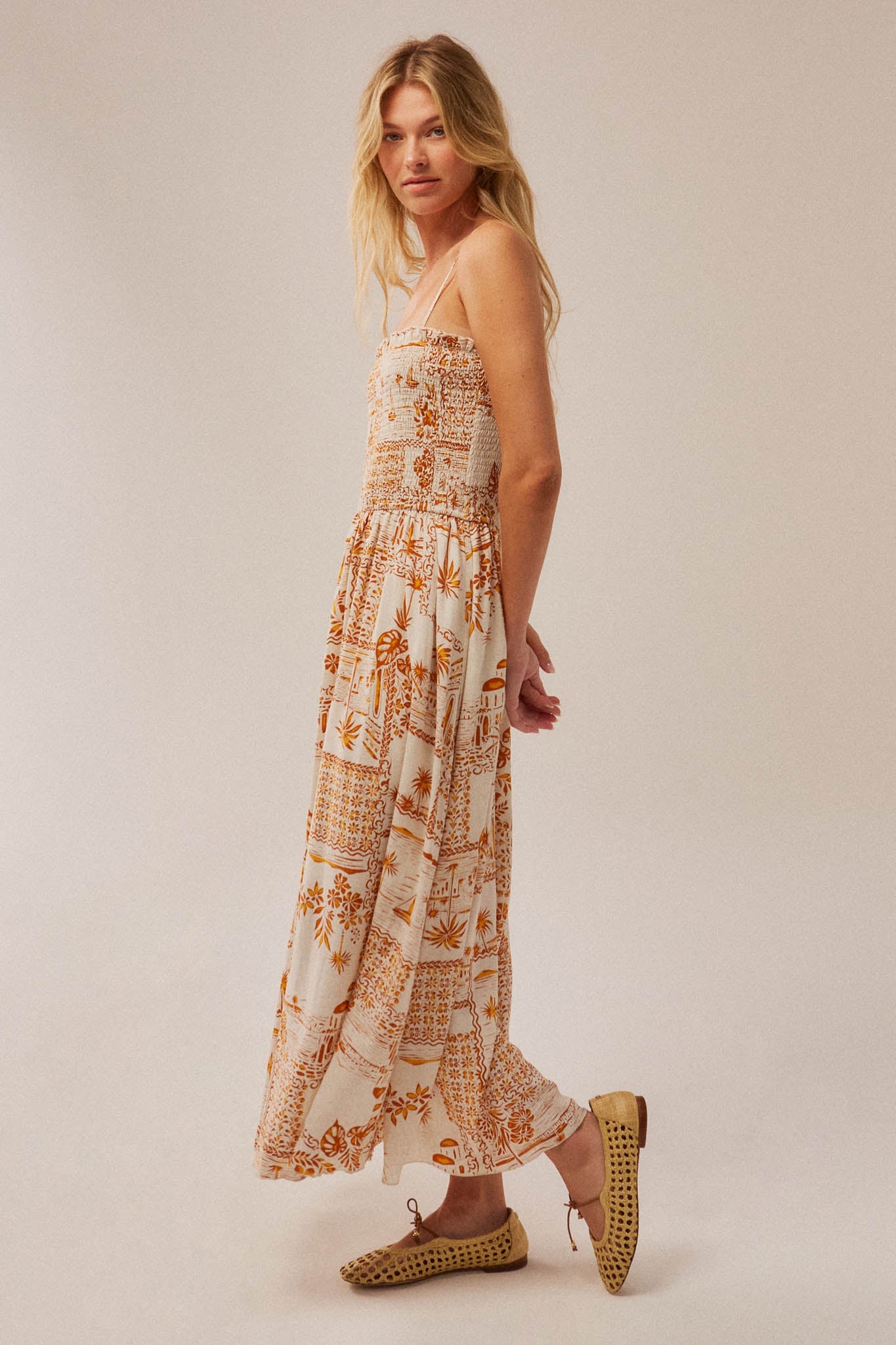 Island Song Tropical-Print Smocked Midi Dress