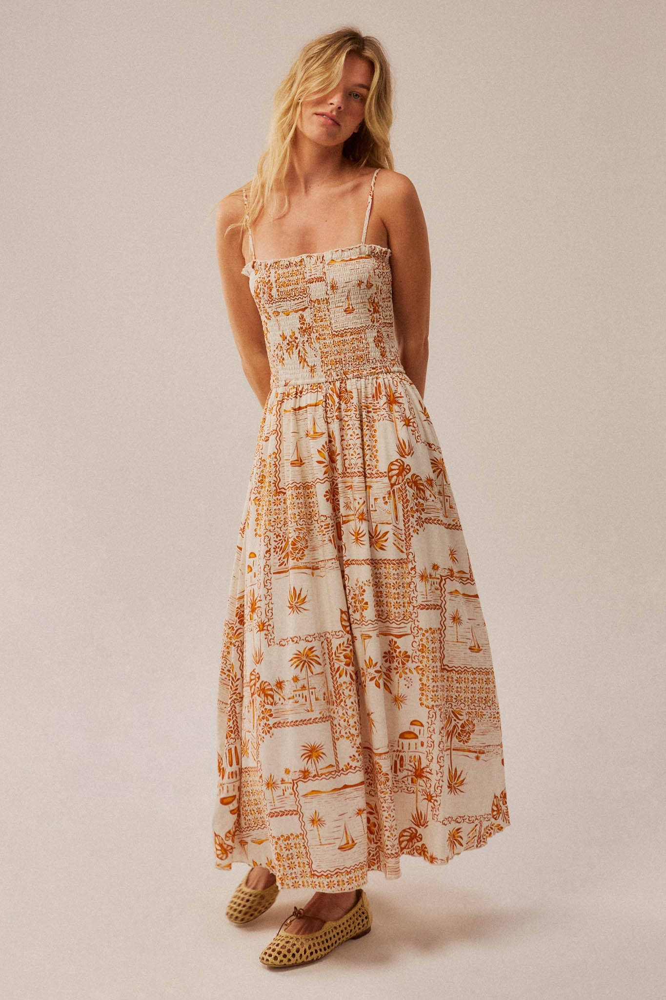 Island Song Tropical-Print Smocked Midi Dress