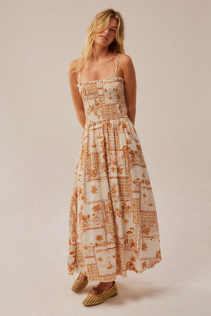 Island Song Tropical-Print Smocked Midi Dress