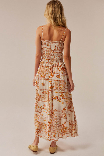 Island Song Tropical-Print Smocked Midi Dress
