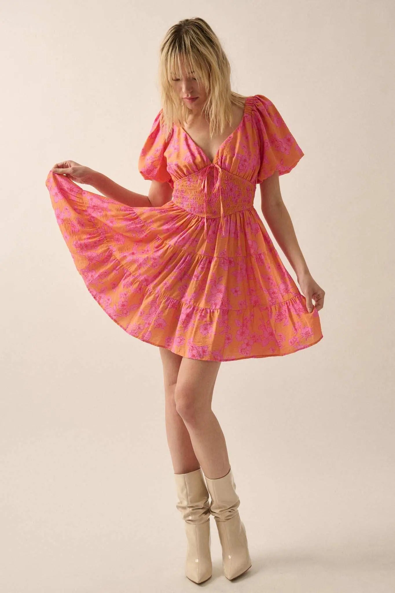 Morning Bloom Floral Puff-Sleeve Tiered Mini Dress