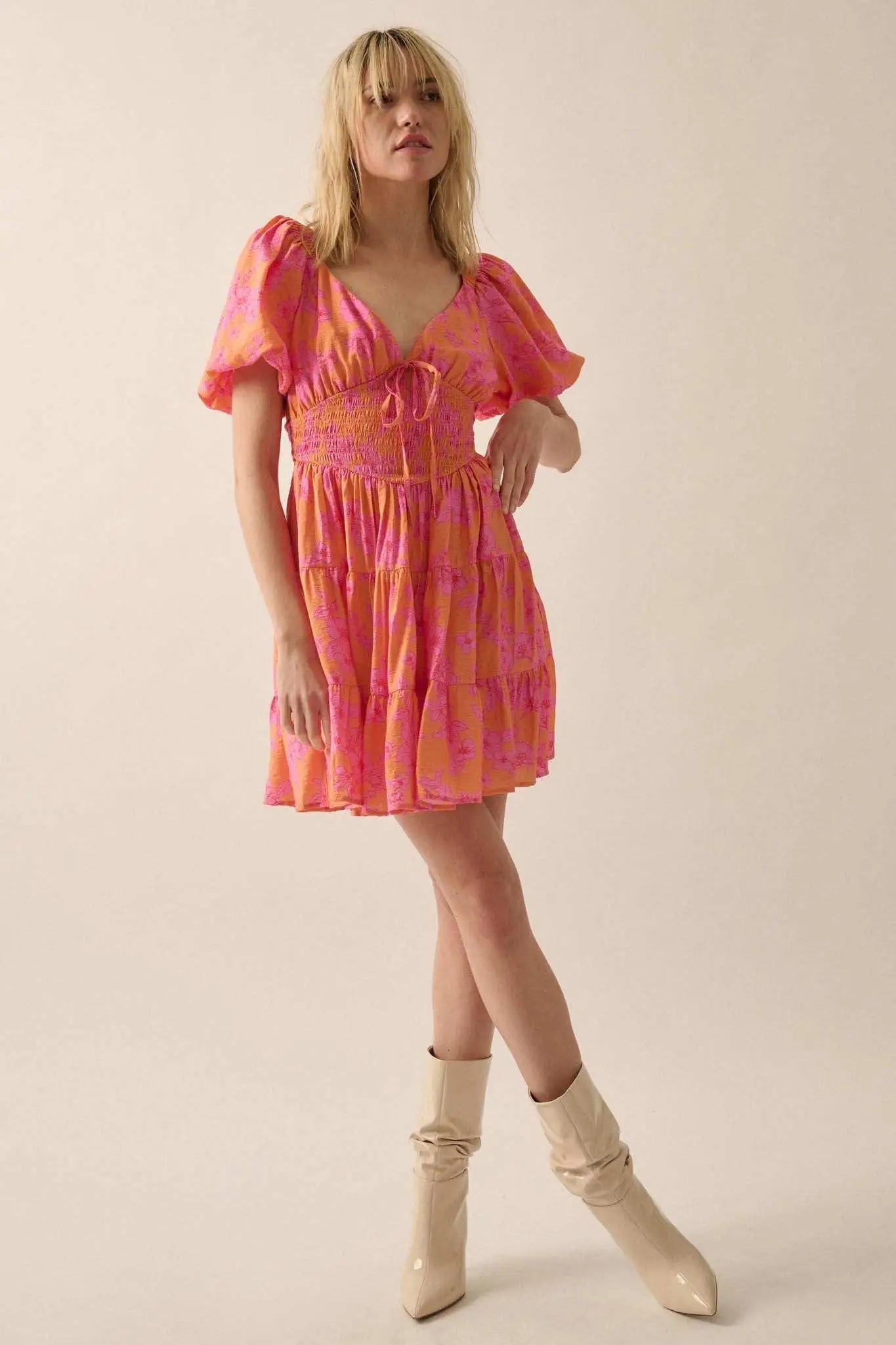 Morning Bloom Floral Puff-Sleeve Tiered Mini Dress
