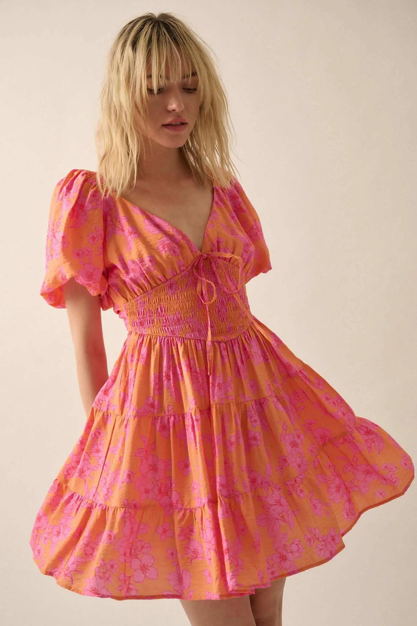 Morning Bloom Floral Puff-Sleeve Tiered Mini Dress