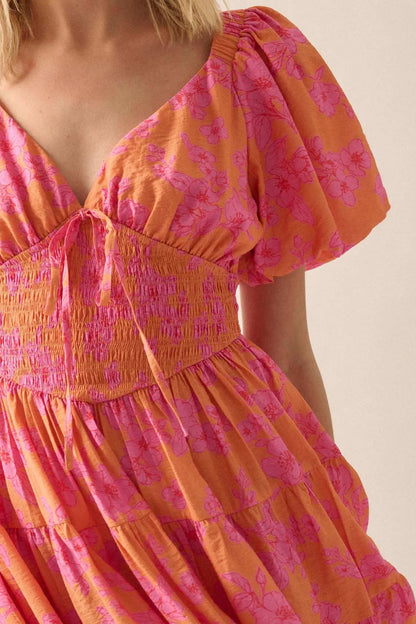 Morning Bloom Floral Puff-Sleeve Tiered Mini Dress