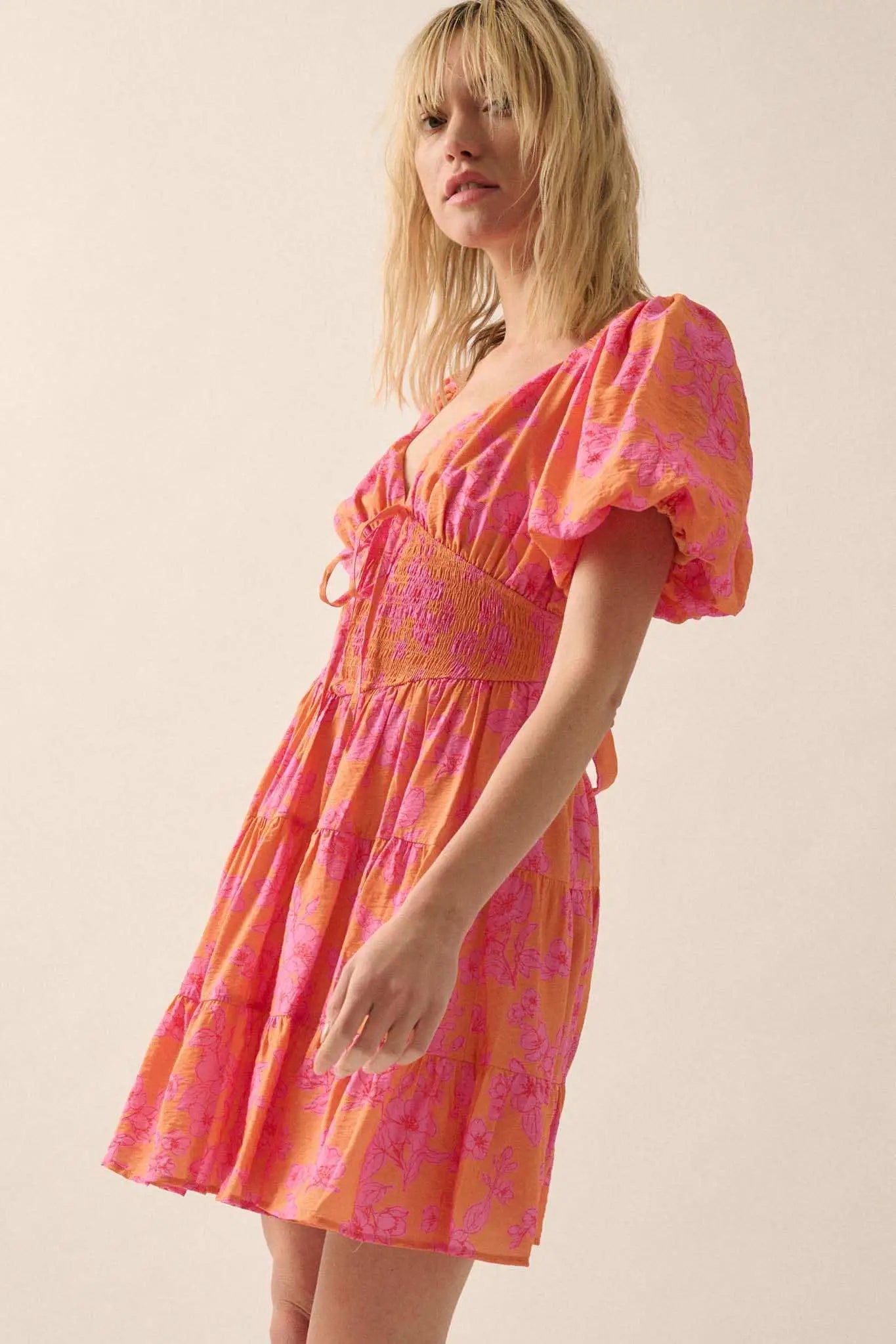 Morning Bloom Floral Puff-Sleeve Tiered Mini Dress
