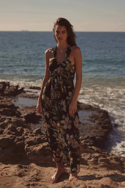 Garden Goddess Floral Chiffon Twist-Back Maxi Dress