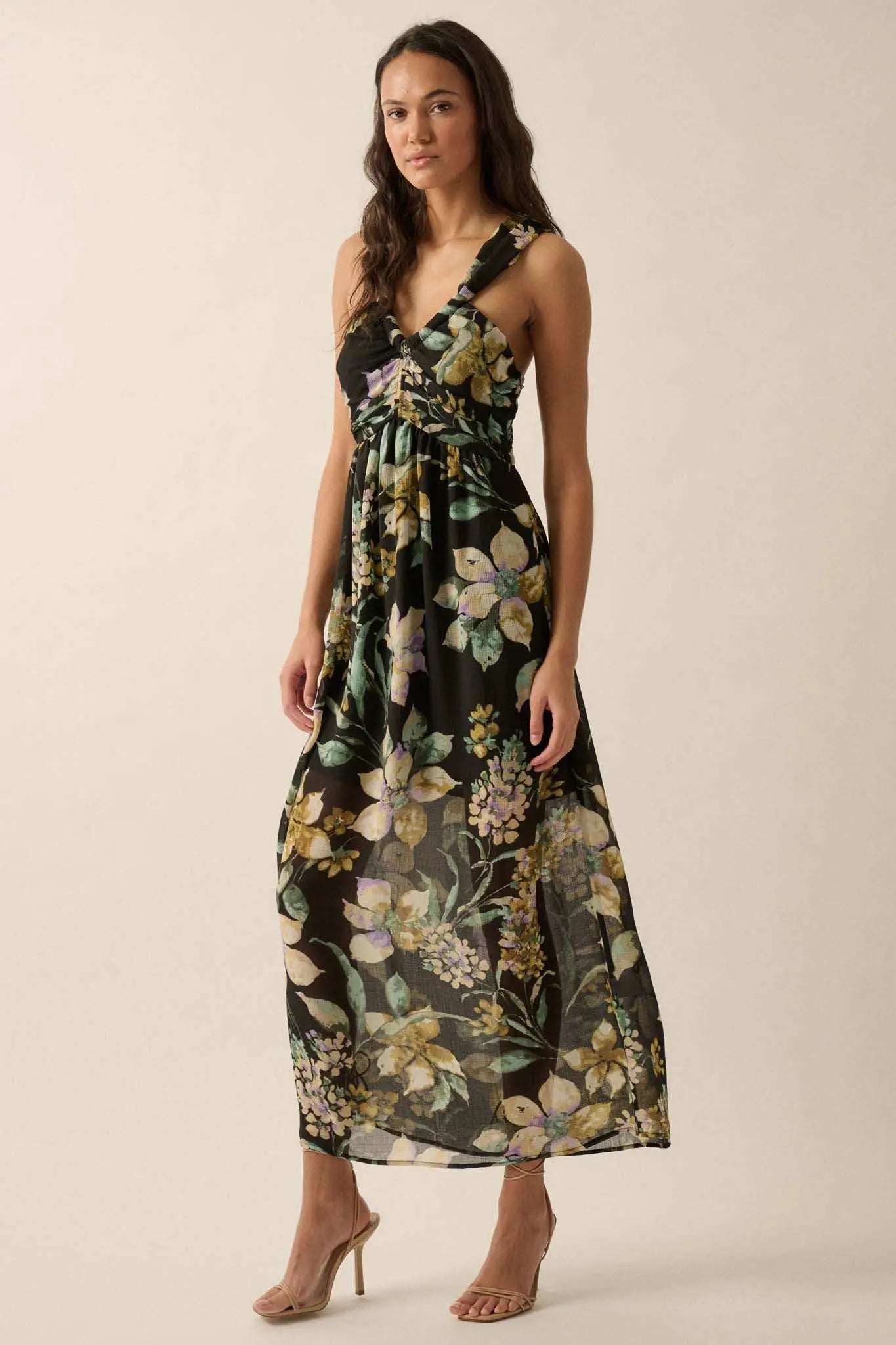 Garden Goddess Floral Chiffon Twist-Back Maxi Dress