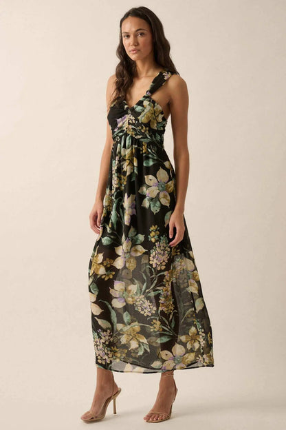 Garden Goddess Floral Chiffon Twist-Back Maxi Dress