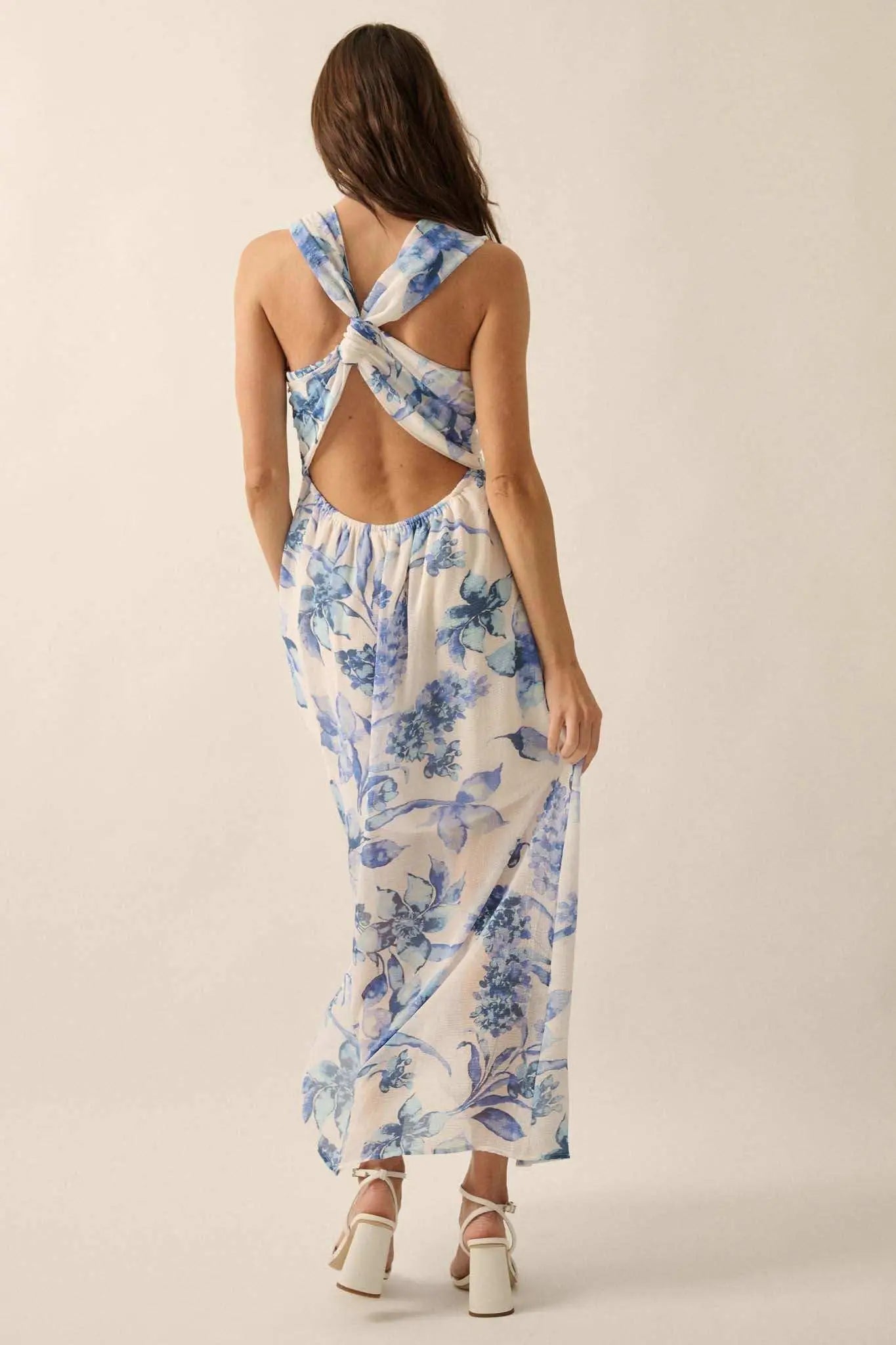 Garden Goddess Floral Chiffon Twist-Back Maxi Dress