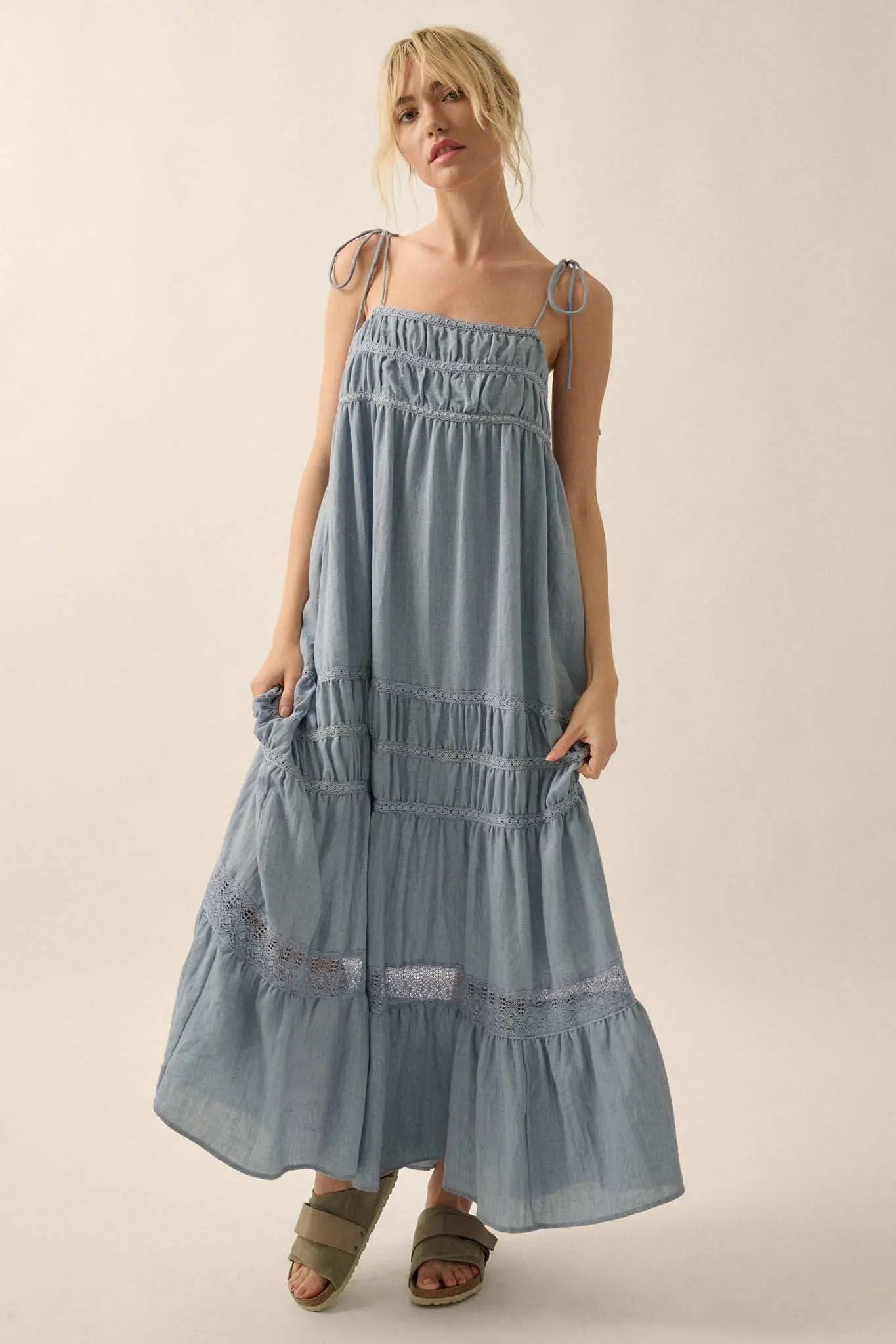 Down in the Valley Tiered Lace-Trim Maxi Dress