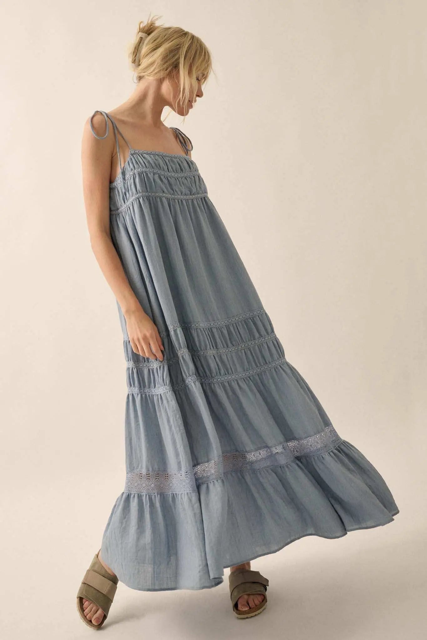 Down in the Valley Tiered Lace-Trim Maxi Dress