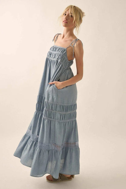 Down in the Valley Tiered Lace-Trim Maxi Dress