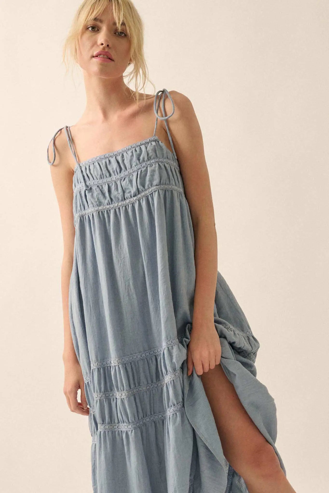 Down in the Valley Tiered Lace-Trim Maxi Dress