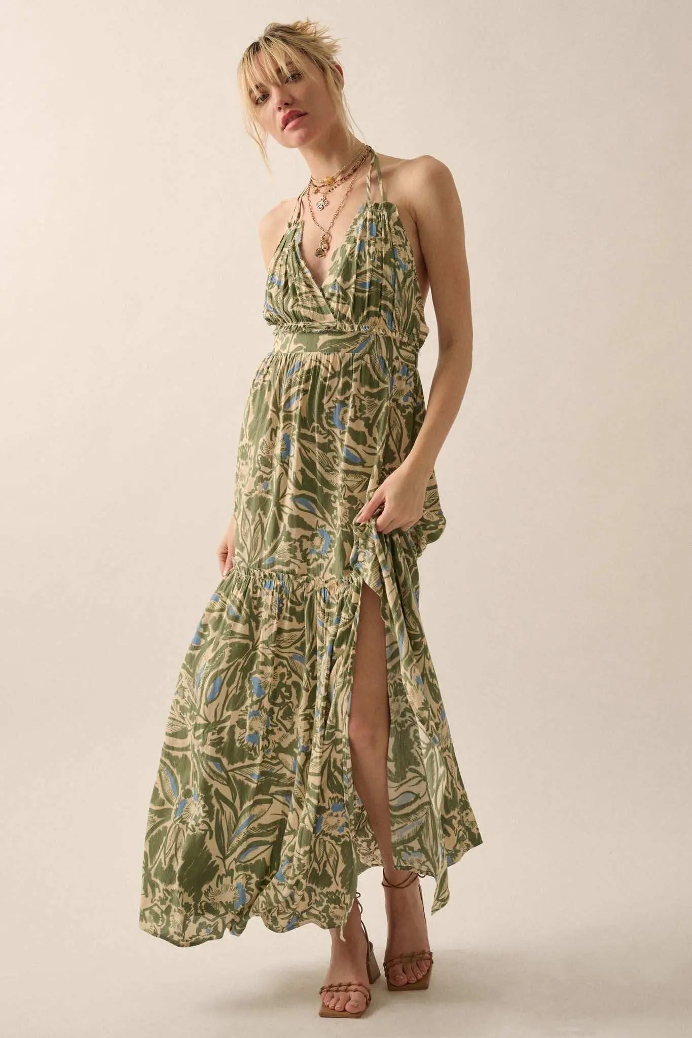 Palm Paradise Tropical Floral Halter Maxi Dress
