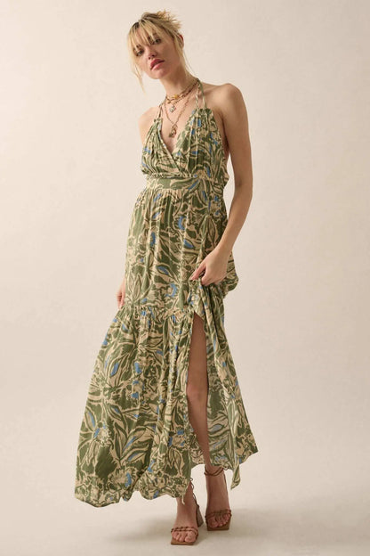 Palm Paradise Tropical Floral Halter Maxi Dress
