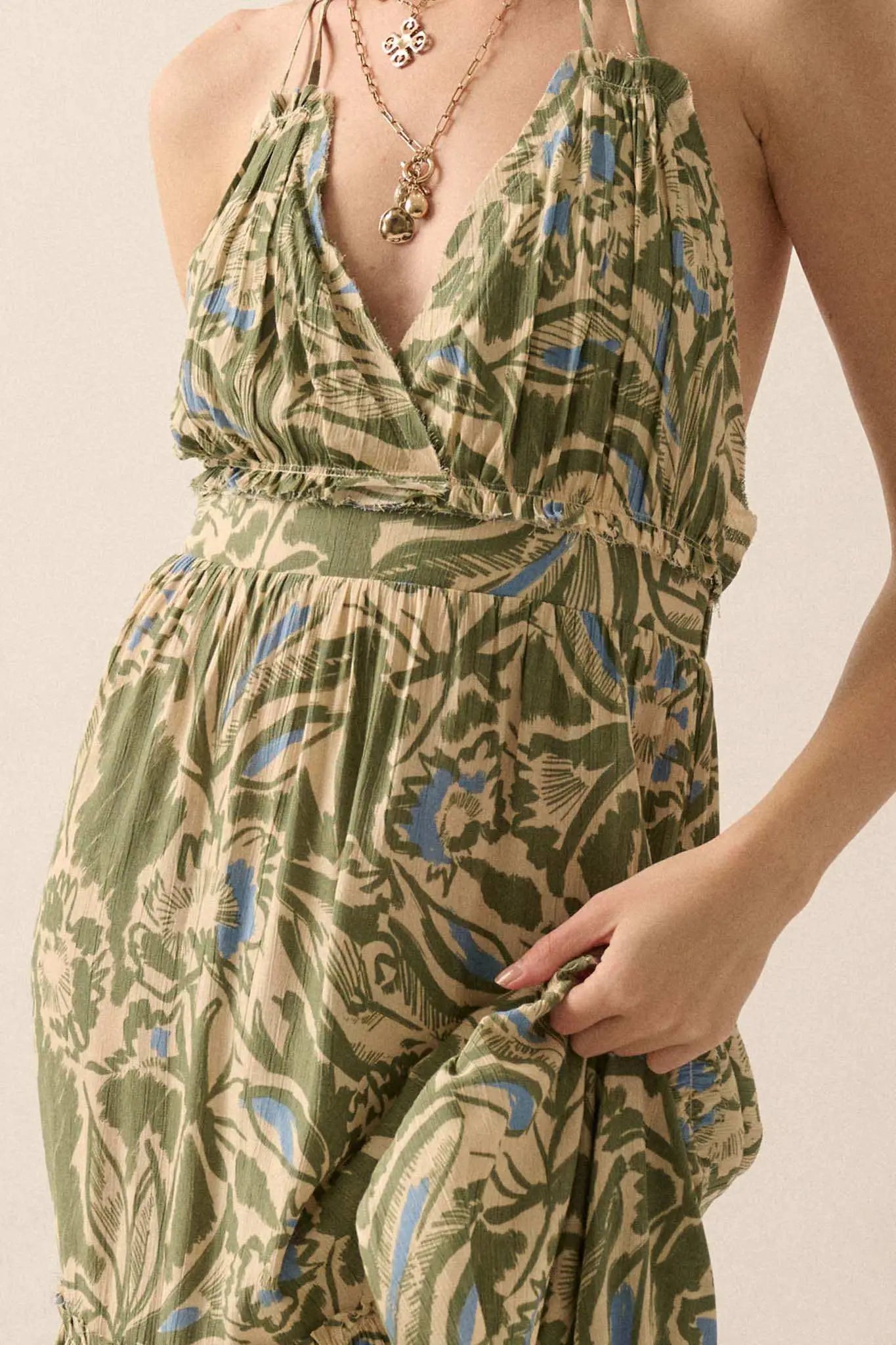 Palm Paradise Tropical Floral Halter Maxi Dress